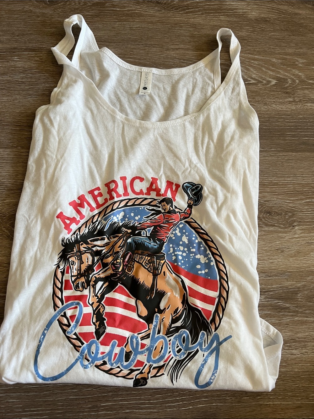 American Cowboy Graphic Tank Top - White with Red & Blue Print